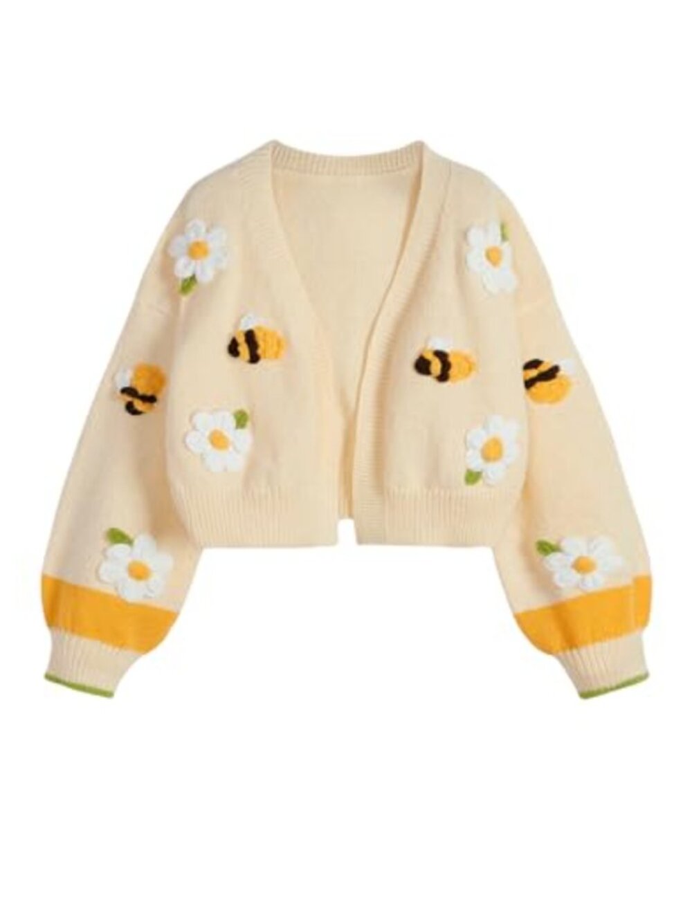 Women's Embroidered Crop Cardigan Open Front 3D Floral Knit Sweater